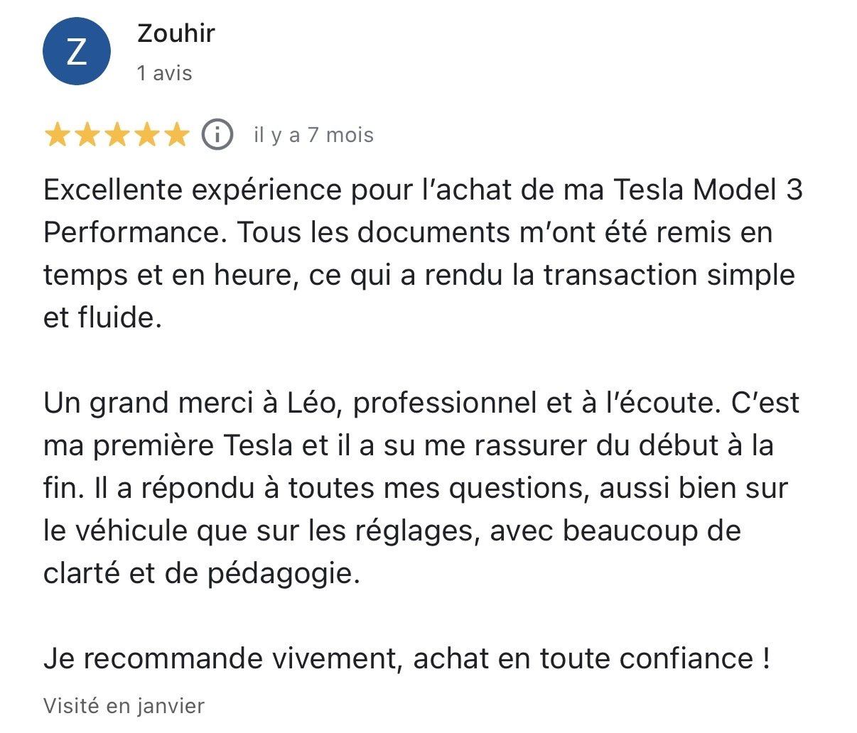 Avis Google 5 étoiles de Zouhir